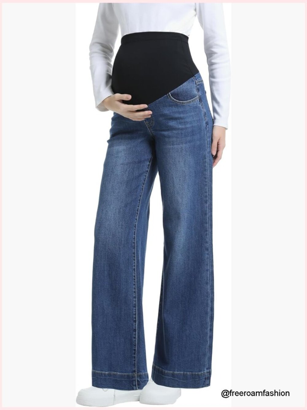 Maternity Jeans Wide Leg Over Belly Support Stretch Denim Pants With Pockets